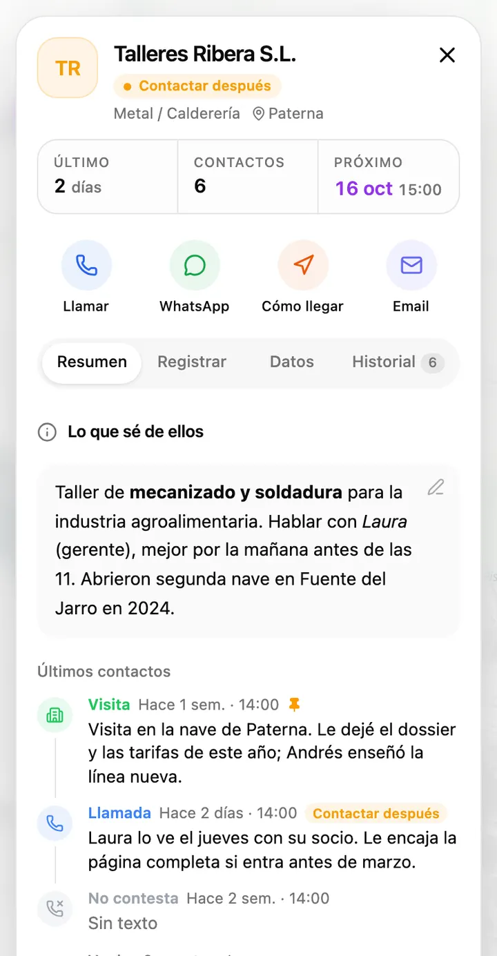 La ficha de una empresa en el móvil: estado, último contacto, botones de llamar, WhatsApp y cómo llegar, y lo que sabes de ella