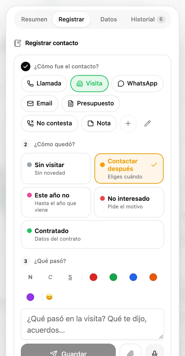 Pantalla de registrar contacto con el medio Visita y las cinco opciones de cómo quedó
